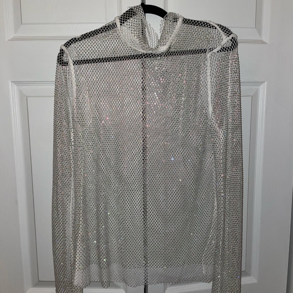 Long sleeve mesh rhinestone top